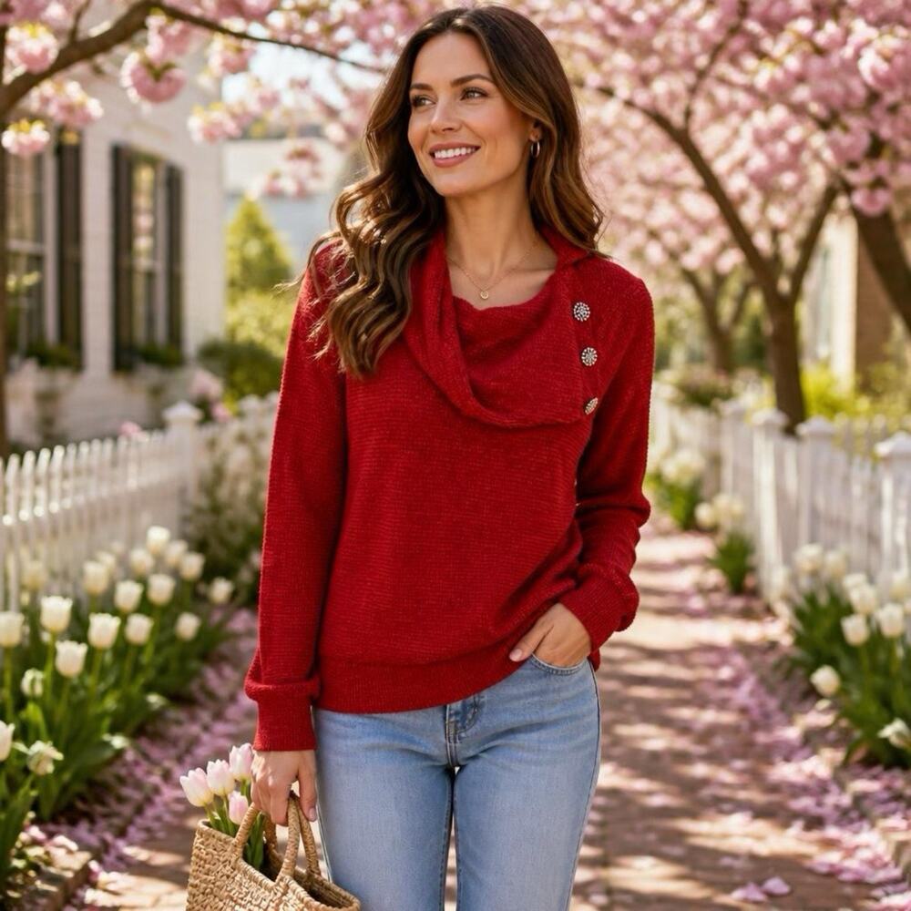 New BCX Red Chenille Knit Pullover Sweater Women S CowlNeck Long Sleeve Holidays